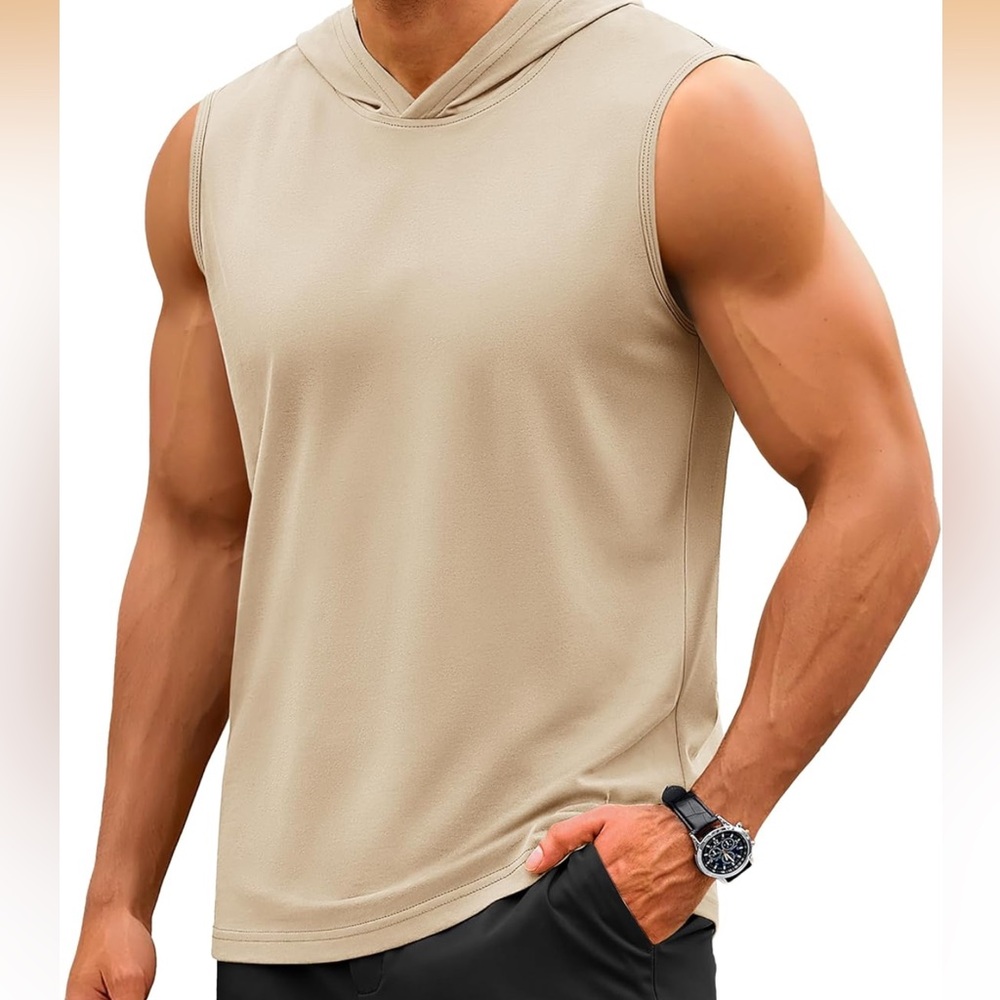 NWT. Sleeveless Hooded Tank Top for Men - Beige